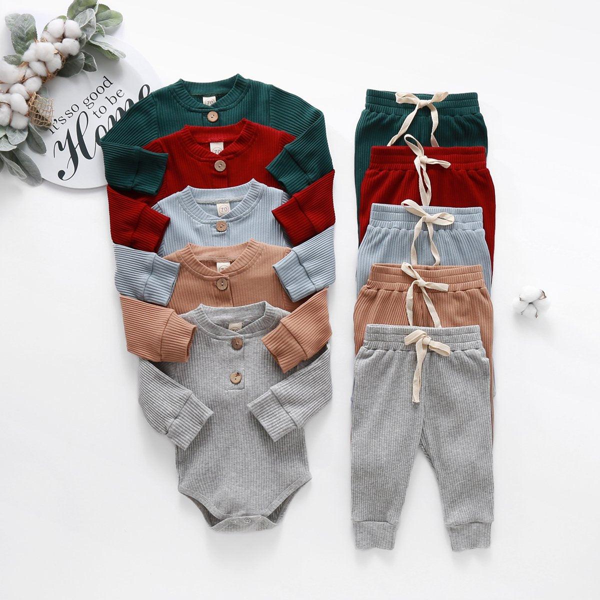 Infant Newborn Baby  Spring Autumn Ribbed Solid Clothes Sets Long Sleeve Bodysuits , Elastic Pants 2PCs