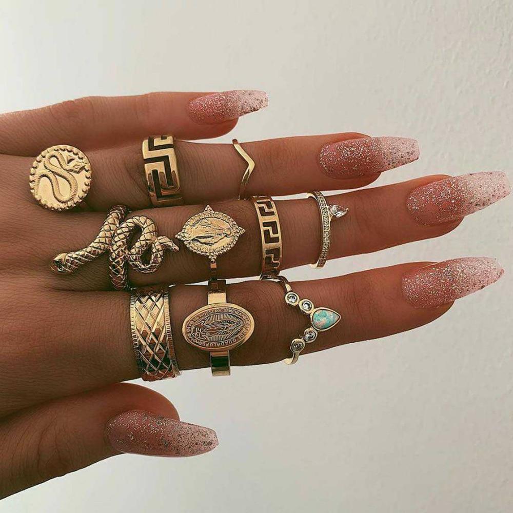 Boho Vintage Gold Star Knuckle Rings For Women BOHO Crystal Star Crescent Geometric Female Finger Rings Set Jewelry