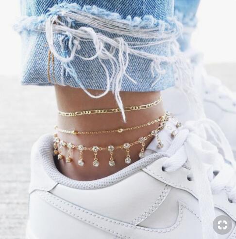 Luxury Leg Brecelet Gold Color Tassel Beads Anklet Bracelet for Leg for Women Set