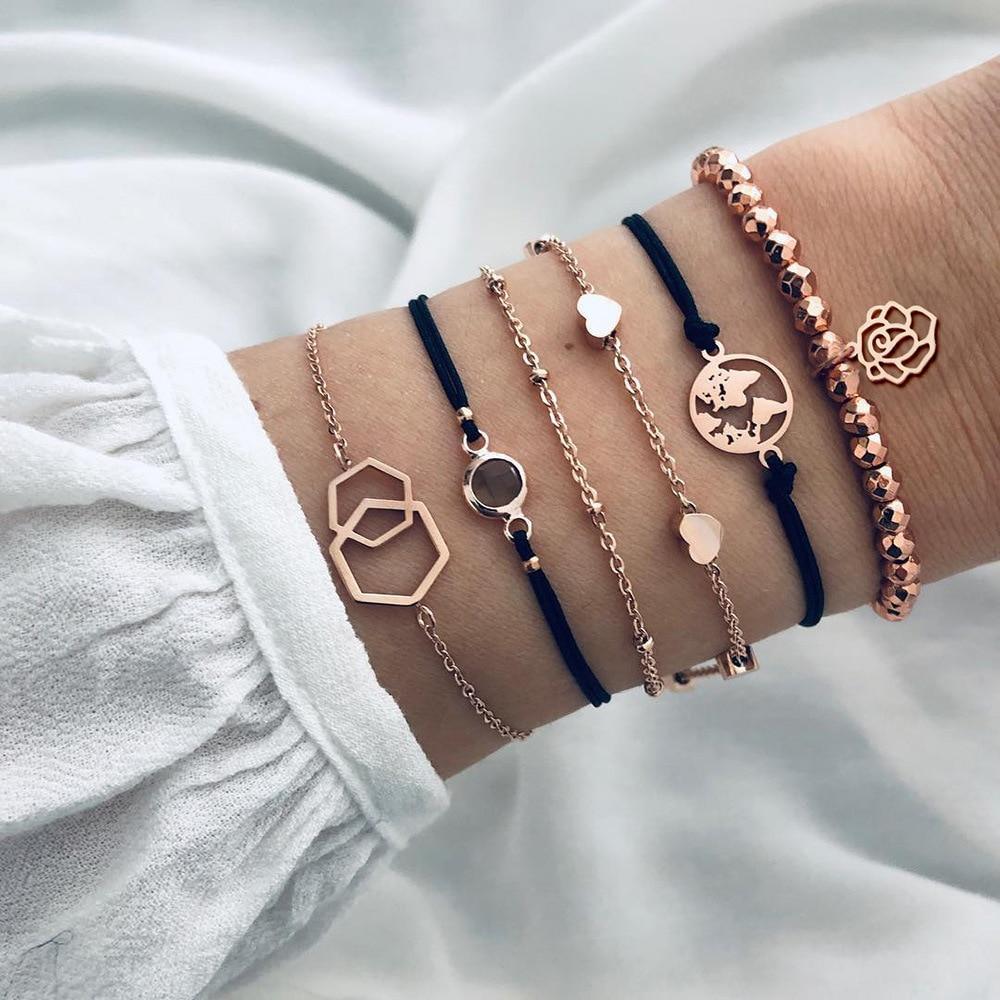 Boho Rose Map Bracelets & Bangles for Women Bohemian Round  Charm Bracelet Set Fashion Multilayer Accessories Luxury Jewelry