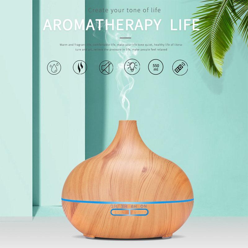 550ml Aromatherapy Essential Oil Diffuser Wood Grain Remote Control Ultrasonic Air Humidifier Cool Mister with 7 Color LED Light Baby Bedroom, Waterless Auto Shut-Off, 7 Colors Lights Changing