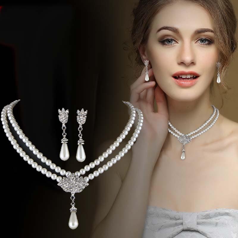 New Jewelry Bride Pearl Crystal With Elegant Short Collarbone Neck Luxury Necklace And Earrings