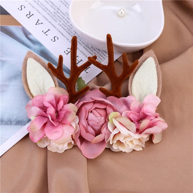 Luxury Christmas Antler Baby Girl Headbands Hair Accessories Xmas Deer Ear Flower Crown Hairband for Newborn Baby