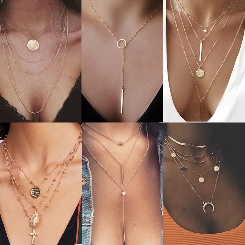 Modern Vintage Multilayer Crystal Gold Choker Pendant Necklace For Women Luxury Jewelry Perfect Gift Cool Style