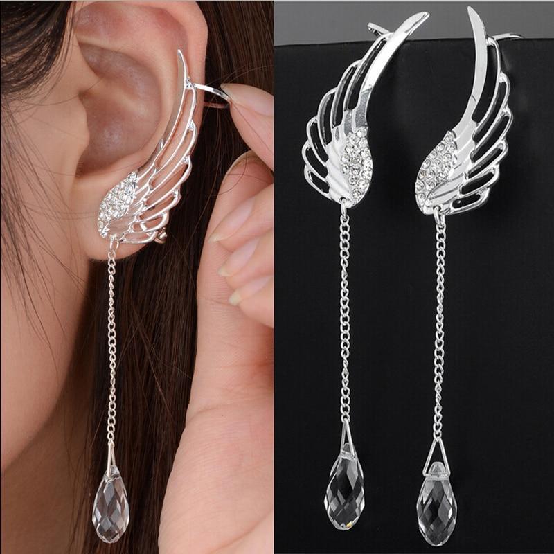 New Silver Plated Angel Wing Elegant Stylist Crystal Earrings Luxury Drop Dangle Ear Stud For Women Long Cuff Earring Epic Bohemia Style