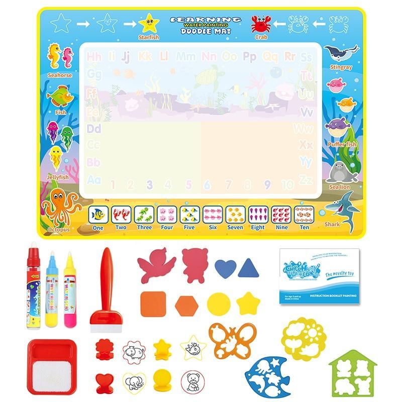 Coolplay 100x100cm Magic Water Drawing Mat Doodle Mat & 4 Drawing Pens & 1 Stamps Set Painting Board Educational Toys for Kids