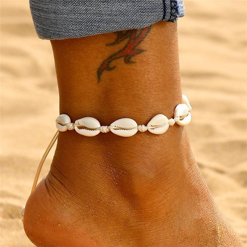 Bohemian Shell Anklets for Women Handmade Leather Woven Natural Shell Foot Jewelry