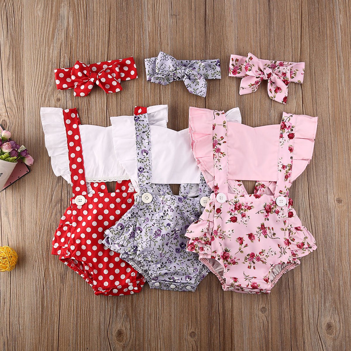 Luxury Modern Newborn Baby Girl Clothes Polka Dot Print Flower Fly Sleeve Romper Jumpsuit Headband 2Pcs Outfits For Girls