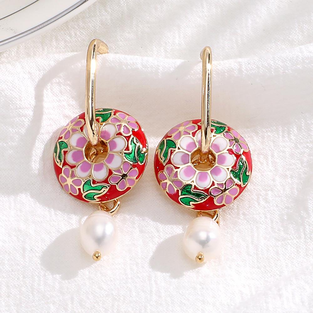 New Luxury Elegant Vintage Circle Geometric Flower Huggie Drop Earrings For Women With Round Pearl Statement Style