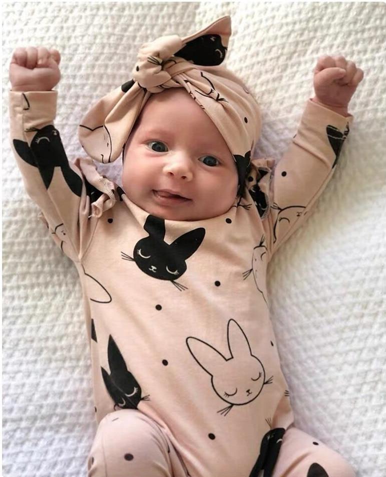 Modern Baby Girls Romper Cartoon Rabbit Pattern Cotton Long Sleeve Jumpsuit+Headband Outfits Set Jumpsuit With  Bow