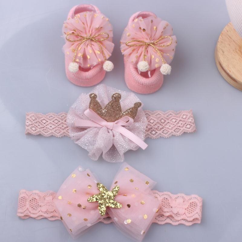 Flower Baby Girl Headband Socks Set Shoes With  Crown Bows Newborn Headbands For Girls Turban Baby Hair Accessories