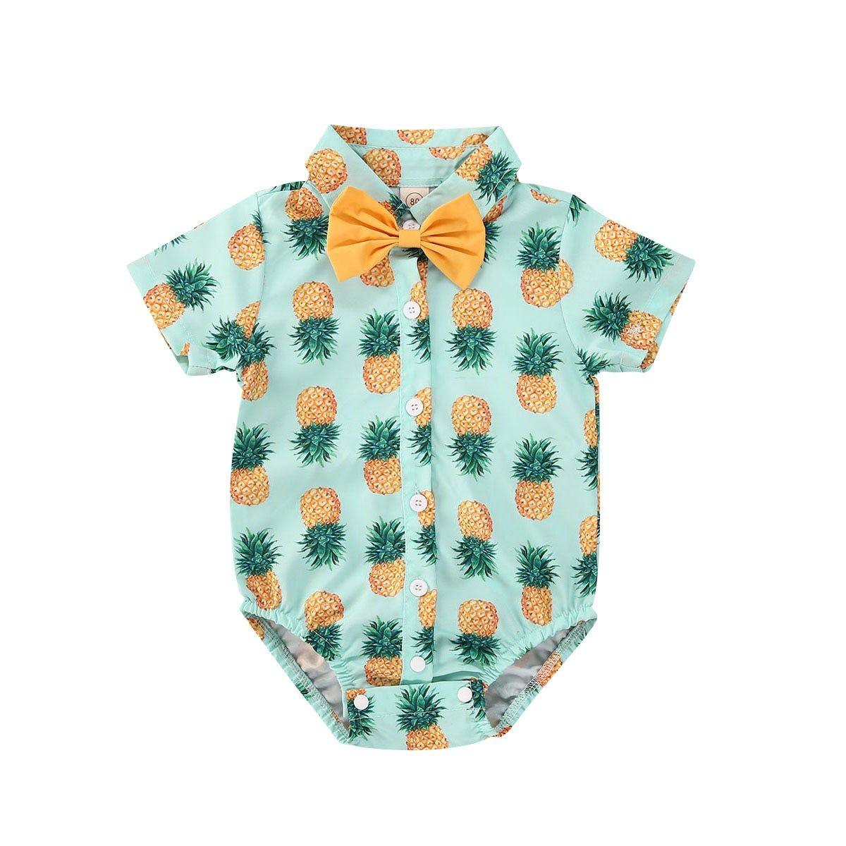 Newborn Boys Bodysuits Bow Short Sleeve Print Single Breasted Jumpsuits Shirt For Baby With Elegant Bow