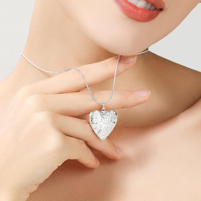 925 Sterling Silver Photo Frame Pendant Heart Necklace 18 Inch Snake Chain Woman Charm Statement Necklace In Fashion Jewelry Design