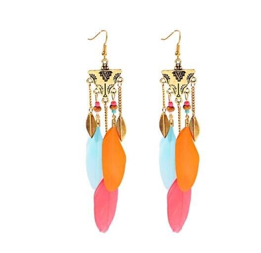 Handmade Modern Elegant Golden Silver Color Ethnic Acrylic Luxury Rainbow Beads Feather Drop Earrings for Women Boho Jewlery