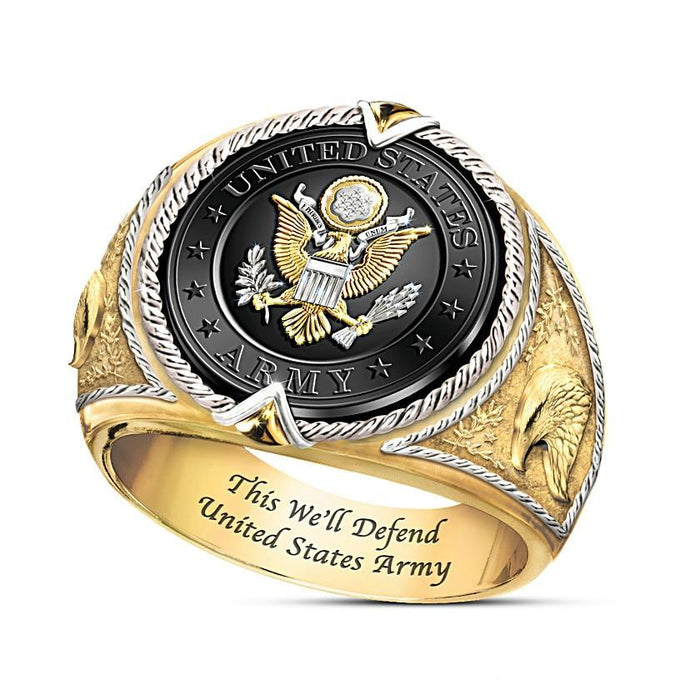 Luxury Elegant Epic American US Army Badge With Slogan And Eagle On Rings In Gold Color For Men