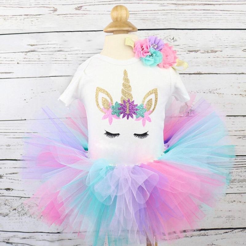 Luxury Modern Baby Girl First 1st Birthday Party Dress Cute Pink Tutu Cake Outfits For Birthday Party with Big Bow And Unicorn Design