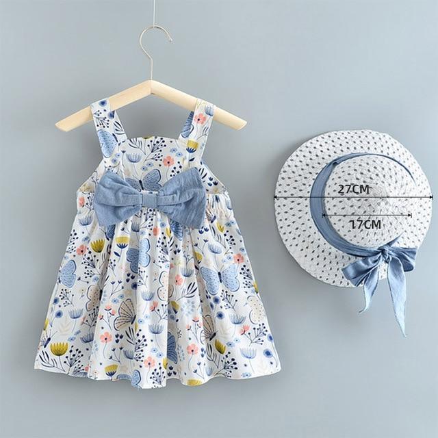 Luxury Modern Baby Girls Dresses With Hat 2pcs Clothes Sets Kids Clothes Baby Sleeveless Dress Print Floral Fruit Design Style