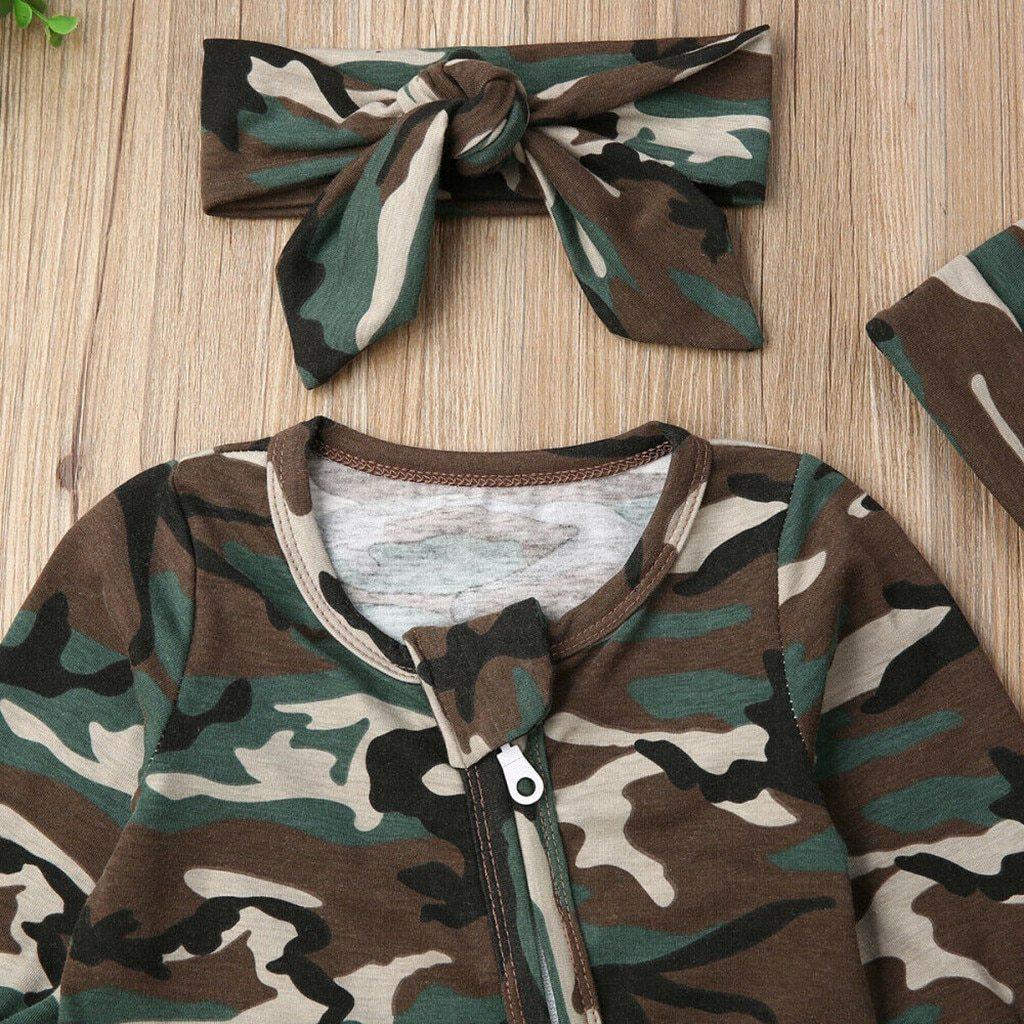 Newborn Baby Girls Boys Camouflage Military Deisgn Romper Infant Cute Zipper Casual Jumpsuit Hairband Hat Set Clothes For Girls And Boys