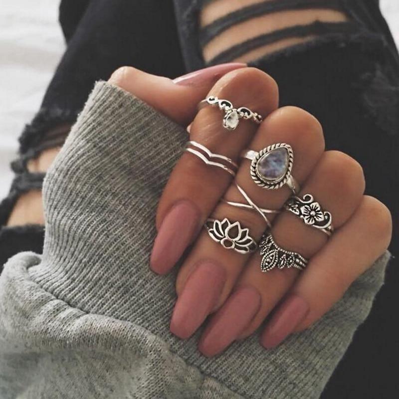 Boho Women Rings Set Compass Arrow Starfish Wave Moon Eyes Gem Gold Silver Color Opening Midi Ring Charm Lady Jewelry