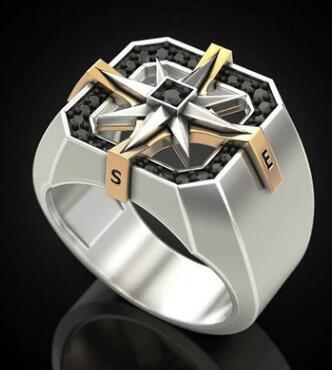 Unique Design Men's Creative Vintage Rings Stainless Steel AAA Zircon Inlay Two Tone Viking Compass Ring for Men Weeding Luxury Design