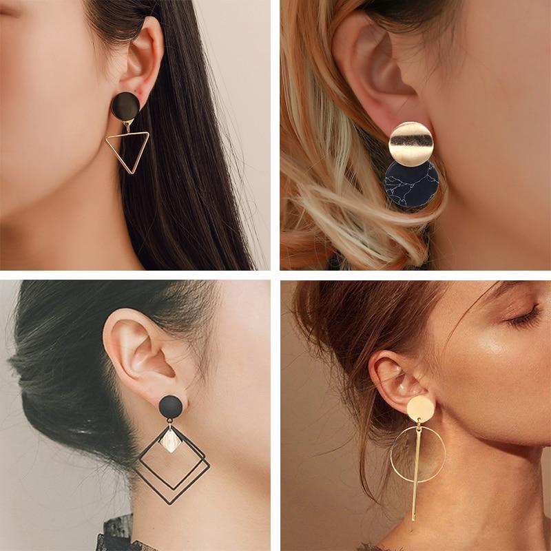 Modern Korean Statement Elegant Black Acrylic Drop Earrings for Women New Fashion Jewelry Luxury Vintage Epic Geometric Gold Asymmetric Earringa