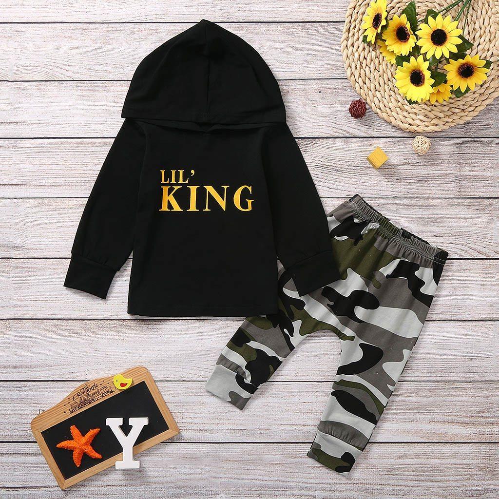 Baby Boy Letter Hoodie T-Shirt Tops and  Camo Pants Outfits In Modern New Printed Style For Kids