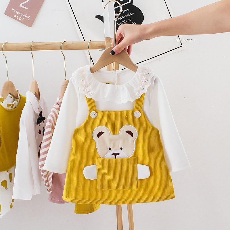 Modern Designer Girls Dress Set Cartoon Bear Pocket Corduroy Dress Shirt Spring Autumn Spring Tutu Dress For Girls