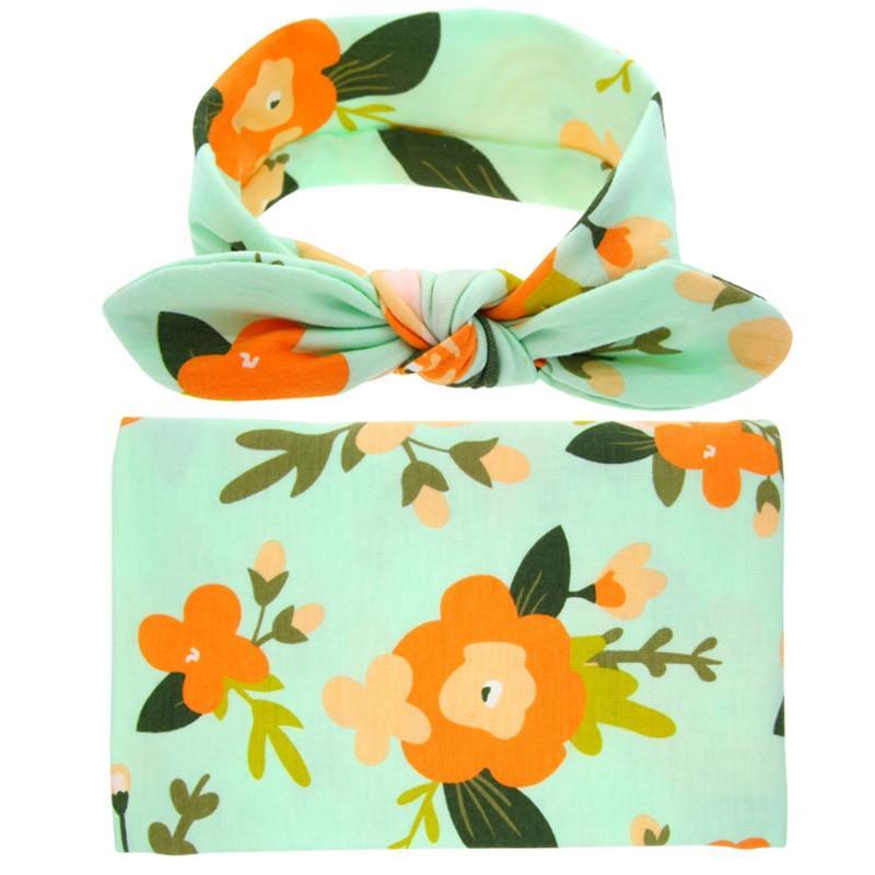 Elegant Colorful Baby Swaddle Wrap Newborn Infant Receiving Blanket Headwear Flower Print Towels With Bow