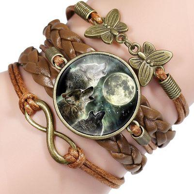 Classic Retro Wolf Head Elegant Bracelet Leather Bangle Luxury Bracelet Jewelry Boho Glass Moon Men Wrap Bangles For Men Women