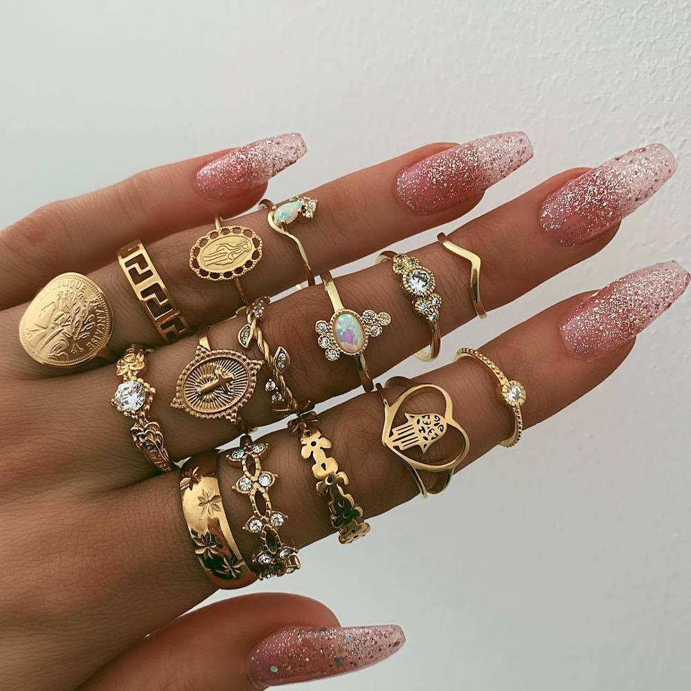 Women Crystal Finger Knuckle Rings Set For Girls Moon Lotus Charm Bohemian Ring Fashion Jewelry Gift