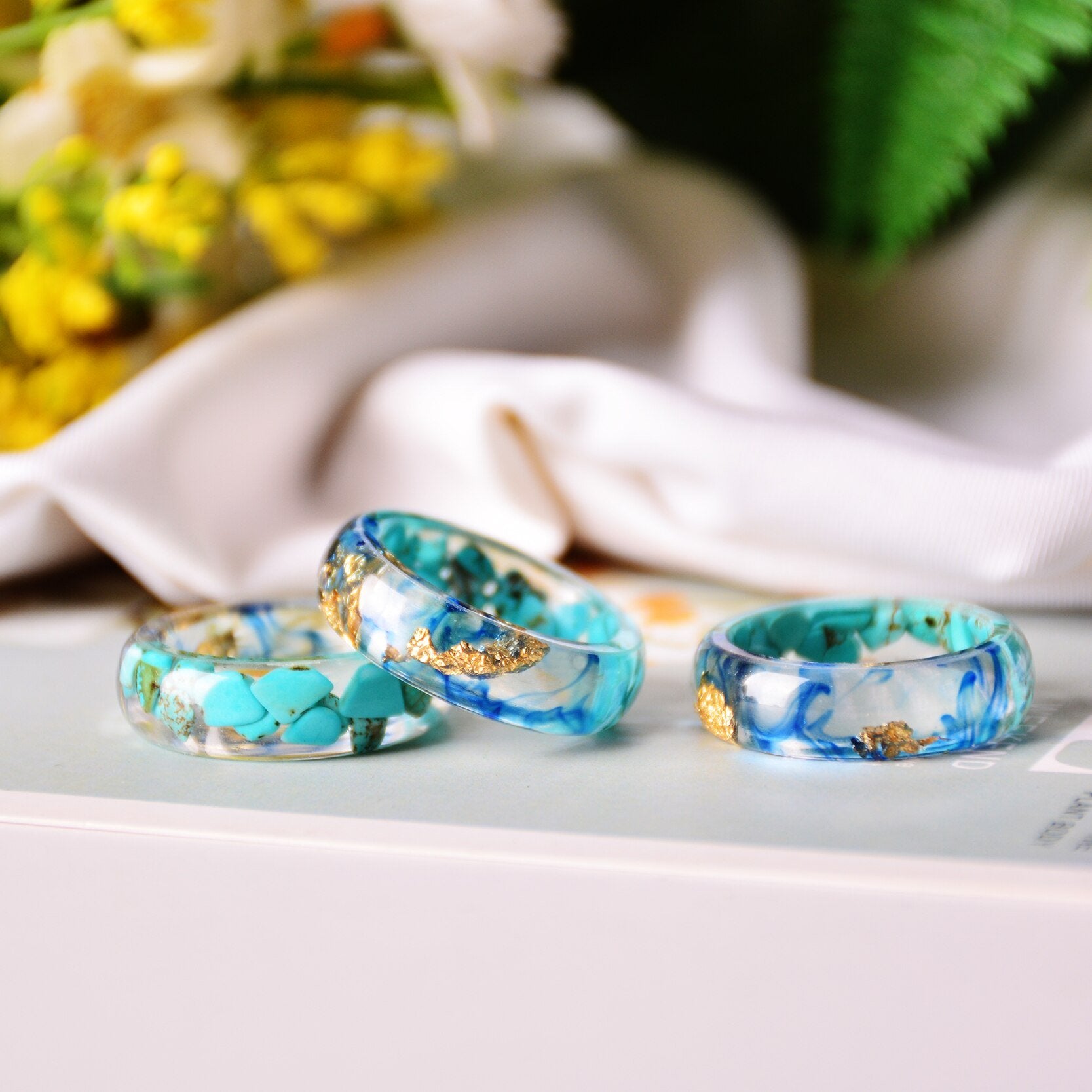 Forest Dried Flowers Petals Handmade Gold Foil Paper Inside Luxury Elegant Resin Ring For Women