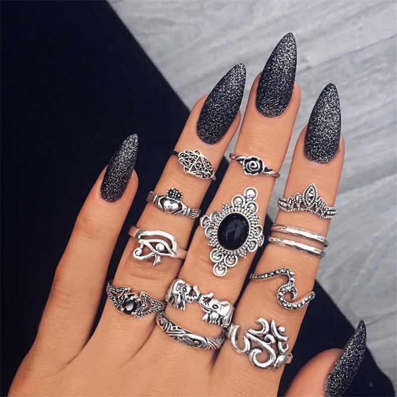 Boho Women Rings Set Compass Arrow Starfish Wave Moon Eyes Gem Gold Silver Color Opening Midi Ring Charm Lady Jewelry