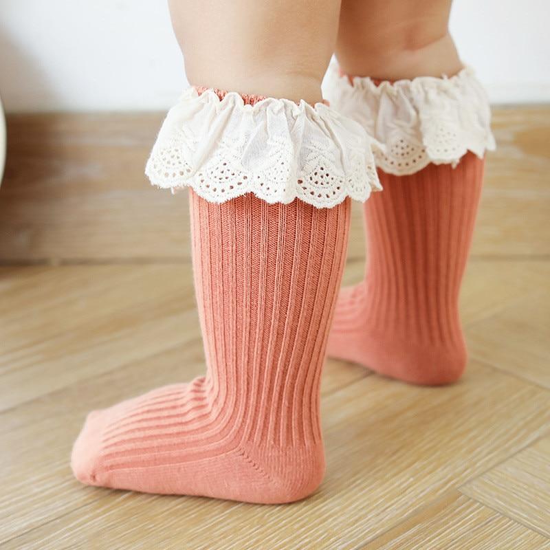 Newborn Baby Girl Socks Lace Baby Knee Socks Anti Slip Cotton Long Socks for Girls In retro Vintage Style