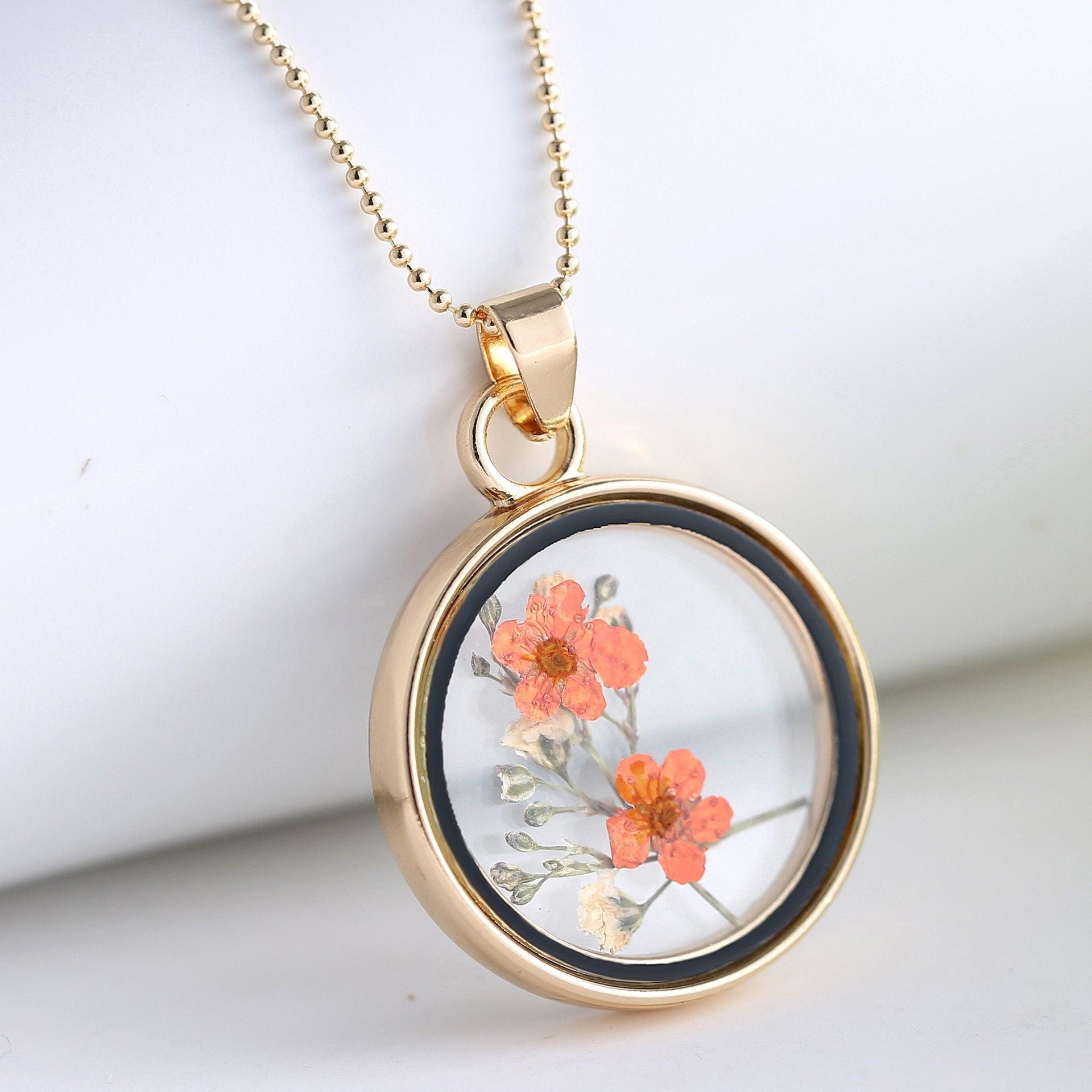 Elegant Popular Korean Round Pendant Luxury Necklace Women Long Gold Bead Chain Colorful Specimen Dried Flower Necklace Jewelry For Girls