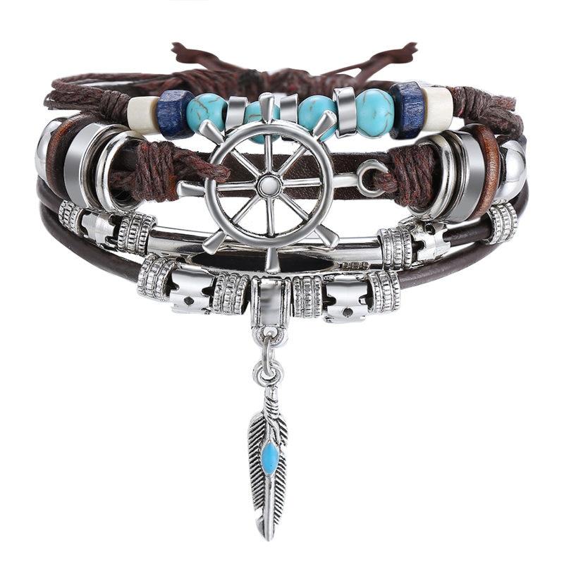 BOHO Tibet Stone Feather Multilayer Leather Bracelet Eye Fish Charms Beads Bracelets For Men Vintage Punk Wrap Wristband Cool Jewelry