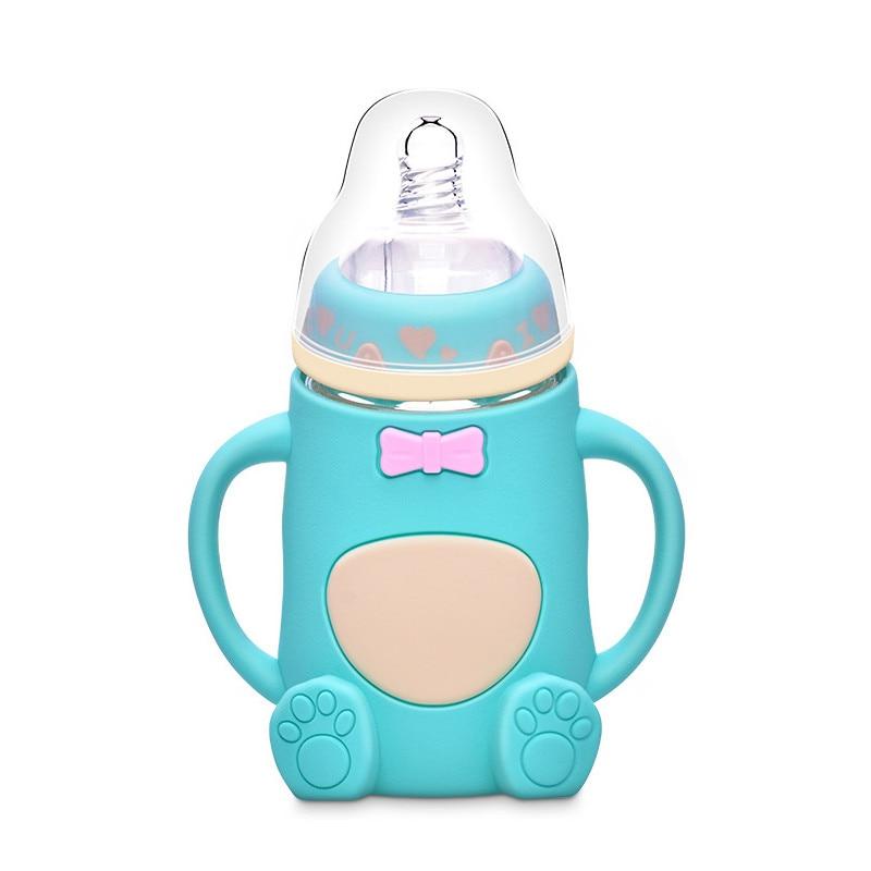 Infant Cartoon Baby Cute Feeding Glass Bottle Safe Silicone Milk Bottle With Handle Newborn Drink Training Colorful Feeding Bottles