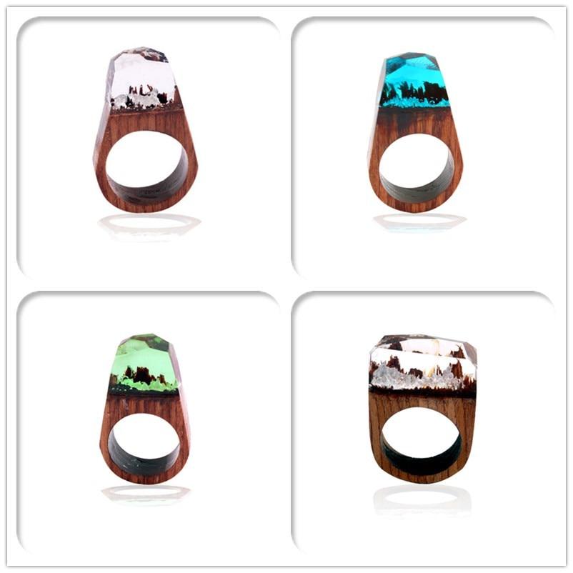 Epic Handmade Luxury Wedding Wood Resin Stone Ring Elegant With Magnificent Fantasy Secret Magic Landscape Wooden for Women and Men