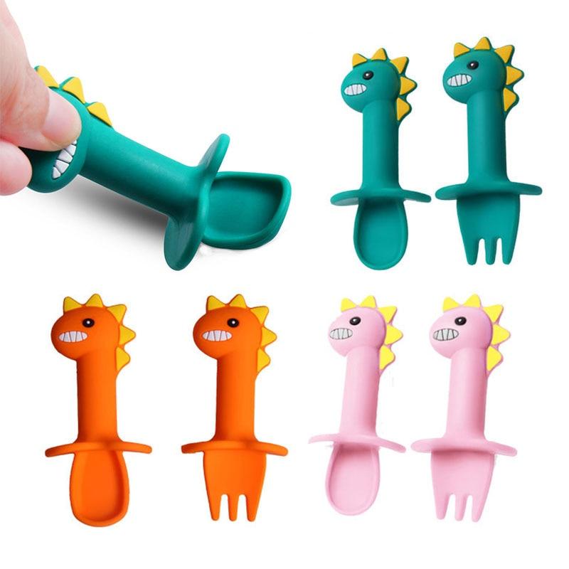 Big Modern New Set Spoon and Fork For Baby Utensils Set Auxiliary Food Silicone Gel Spoon Baby Learn To Eat Training Bendable Soft Spoon Children Tableware With Dinosaur Design