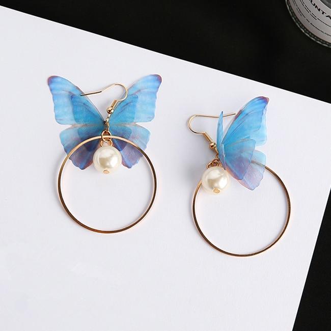 Luxury Modern Trend New Korean Retro Asymmetric Butterfly Imitation Pearl Earrings Fashion Round Flower For Women and Girls