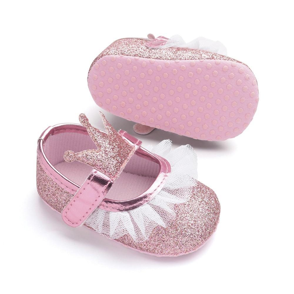 Newborn Infant Baby Girls Shoes Toddler Kids Princess Crown Glitter Design Shoes Soft Sole Anti-slip