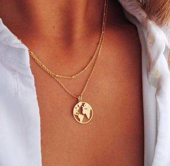 Luxury Modern Gold World Map Choker Map Crescent Moon Necklaces&Pendants Dainty For Women and Girls