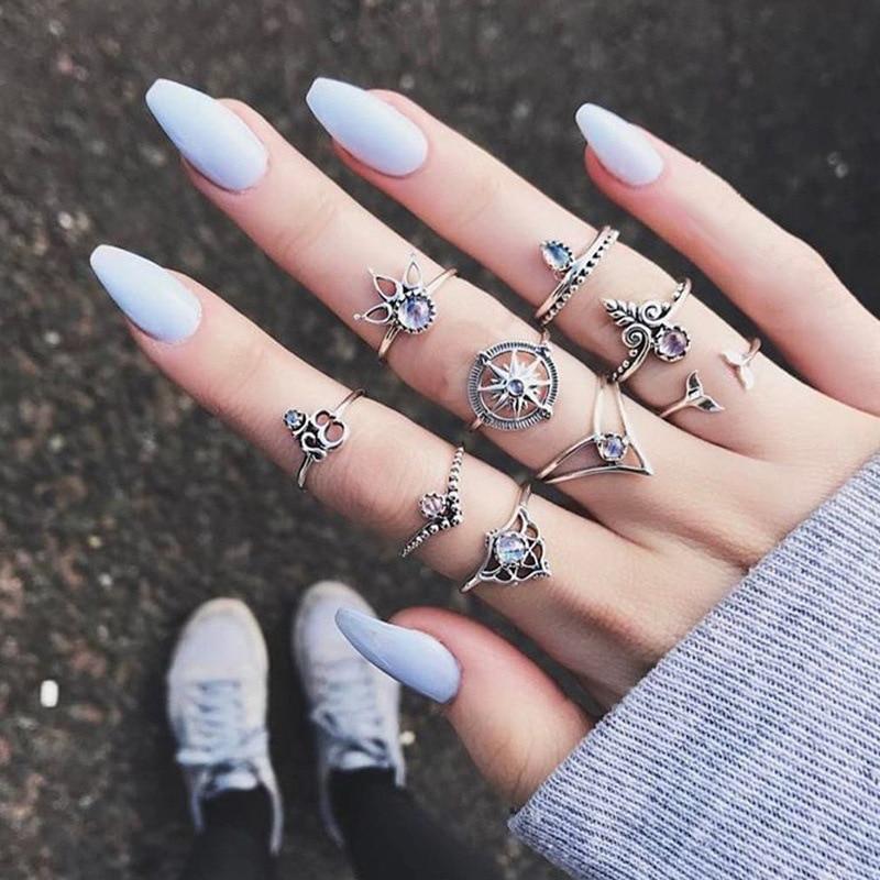 Women Crystal Finger Knuckle Rings Set For Girls Moon Lotus Charm Bohemian Ring Fashion Jewelry Gift