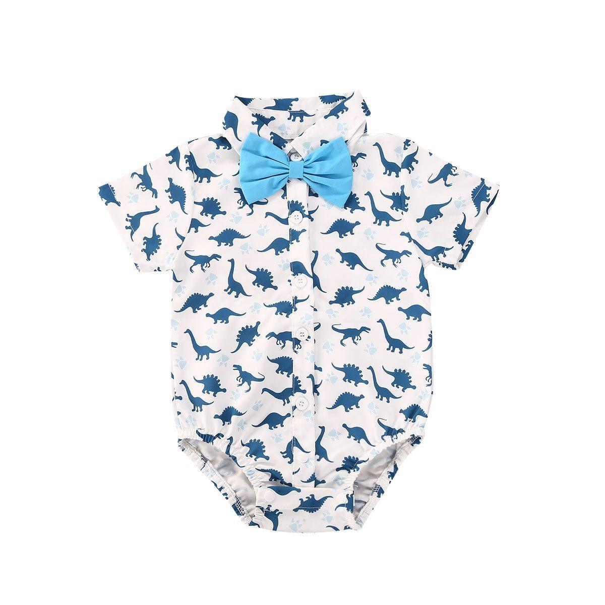 Newborn Boys Bodysuits Bow Short Sleeve Print Single Breasted Jumpsuits Shirt For Baby With Elegant Bow