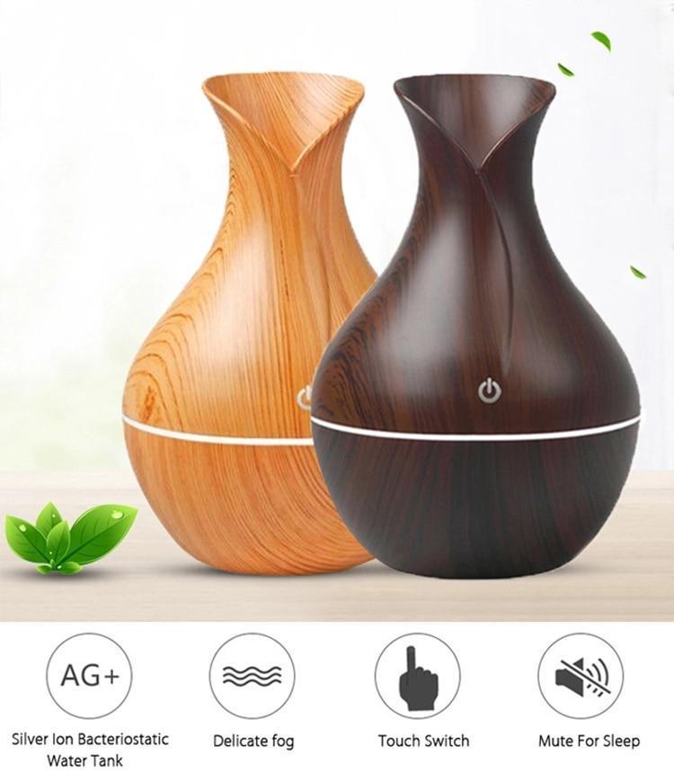 Essential Oil Diffuser 130ml Wood Grain Vase-Shaped  Aromatherapy Cool Mist Humidifier With 7 Colors LED Lights & Waterless Auto Shut-Off For Home Office