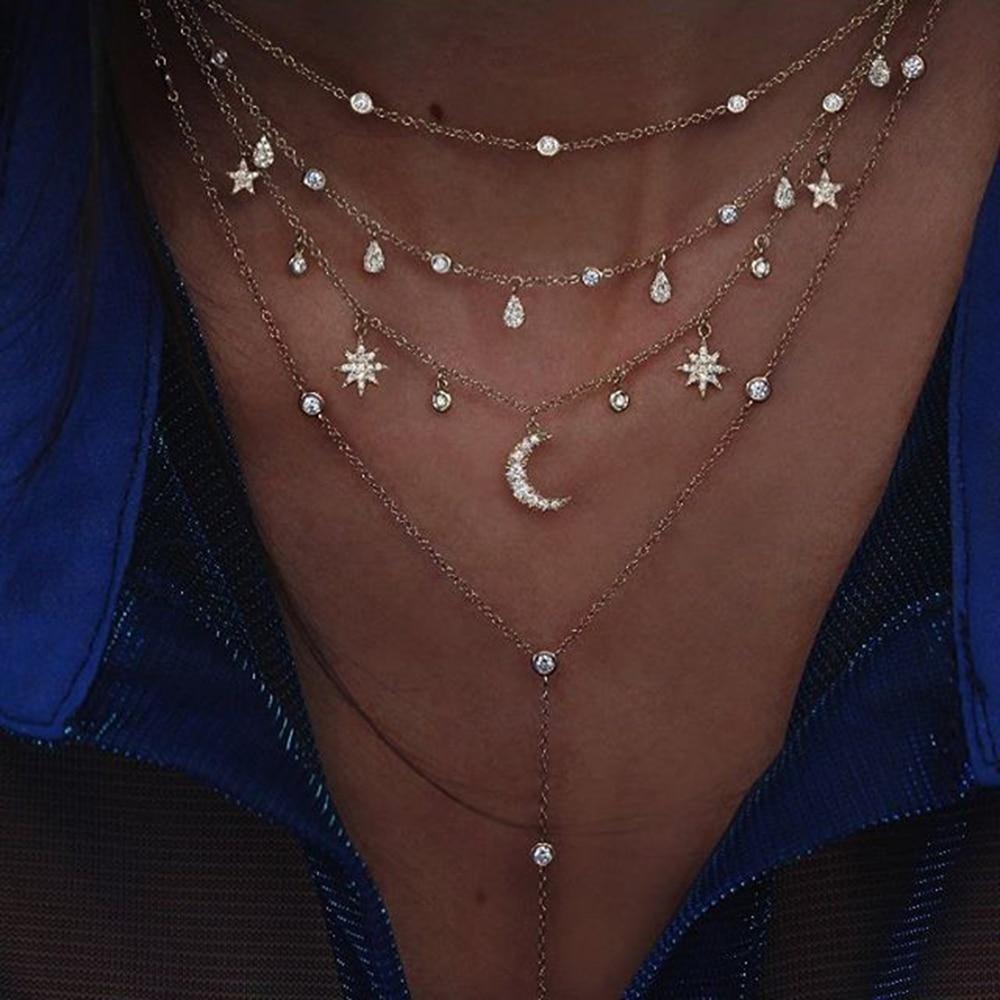 Luxury Modern Moon and Star Arabic Crystal Choker Multilayer Chain Necklaces For Women Luxury Jewelry Vintage Cool Style For Ladies