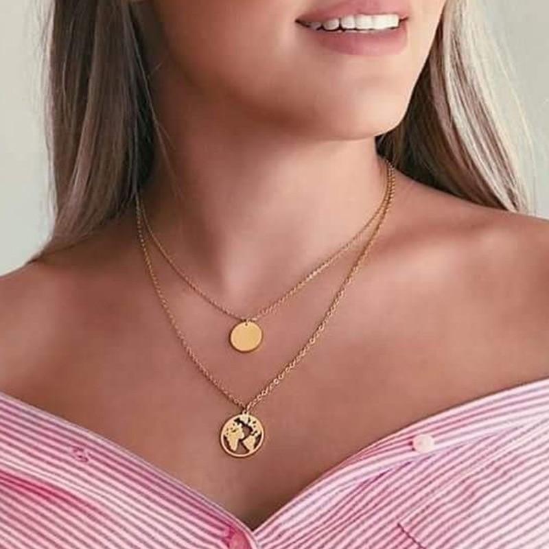 Luxury Modern Gold World Map Choker Map Crescent Moon Necklaces&Pendants Dainty For Women and Girls