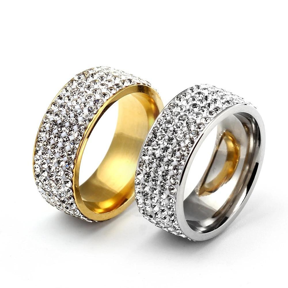 Luxury Modern Stainless Steel Ring With 5 Rows Gold Color Diamonds Crystal Ring Made for Wedding Rings for Women Men In Elegant Jelwery  Design