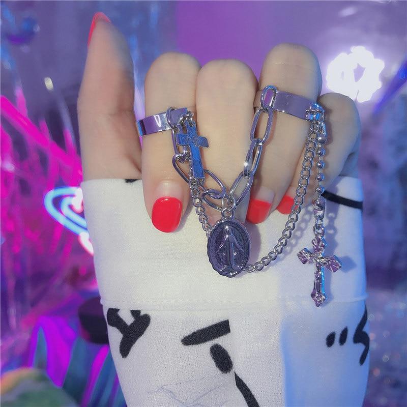 Punk Cool Hip Hop Multi-layer Adjustable Chain Four Fingers Open Alloy Women Rotate Rings for Women Jewelry Party Gift