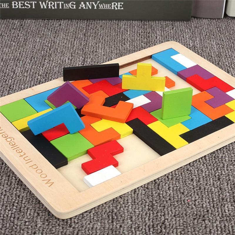 Colorful 3D Puzzle Wooden Tangram Math Toys Tetris Game Children Pre-school Magination Intellectual Educational Toy for Kids