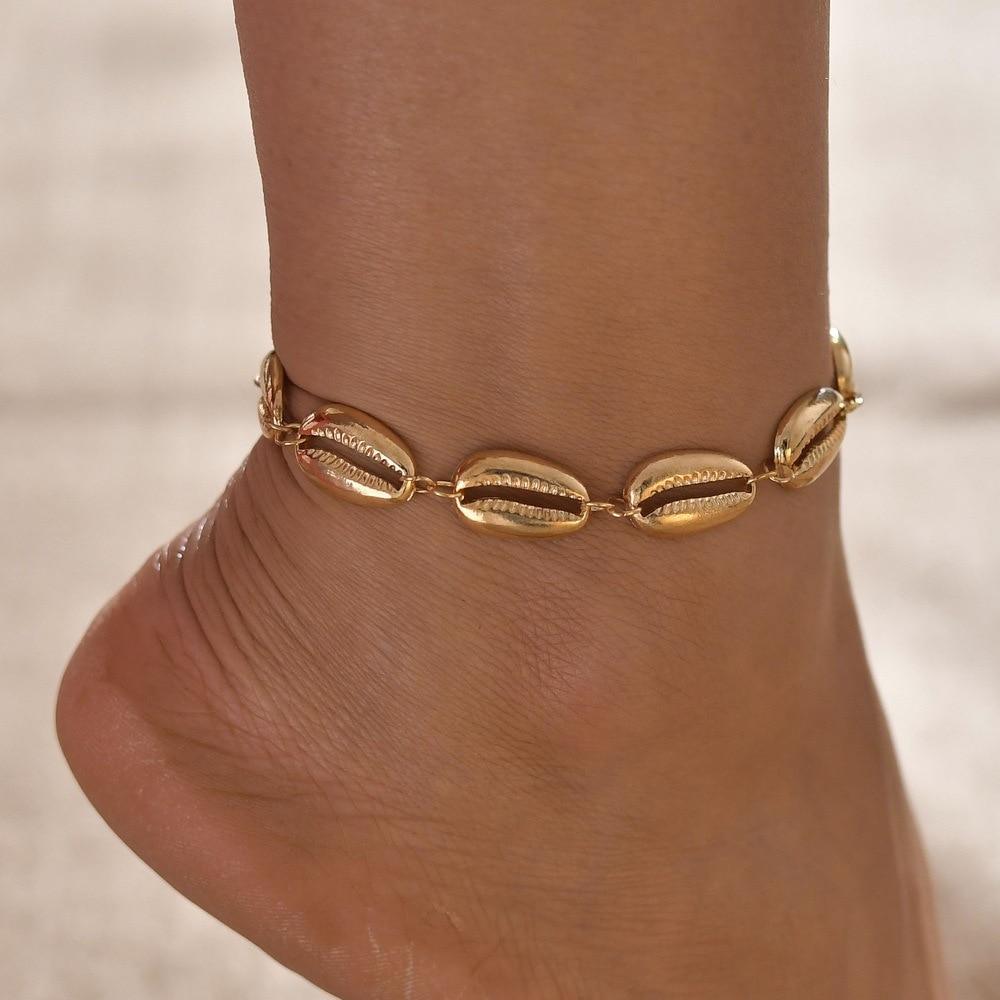 Gold Metal Shell Coconut Tree Female Anklets Barefoot Sandals Foot Summer Double Layers  Foot  Bracelets Leg Jewelry